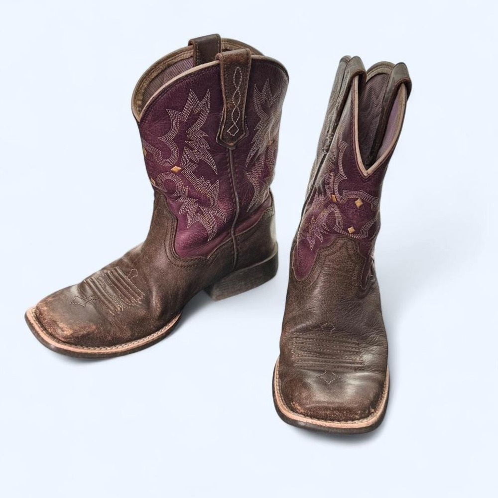 Ariat Tombstone Western Cowgirl Boots Girls Sz 2 Brown Purple Leather Square Toe